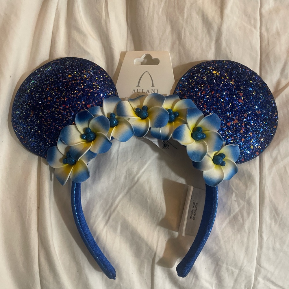 Aulani Blue Glitter Mickey Ears with Flowers